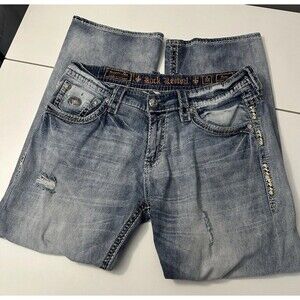 Rock Revival Jeans Mens 38 Penn Relaxed Straight Leg Thrashed Acid Wash Rockstar